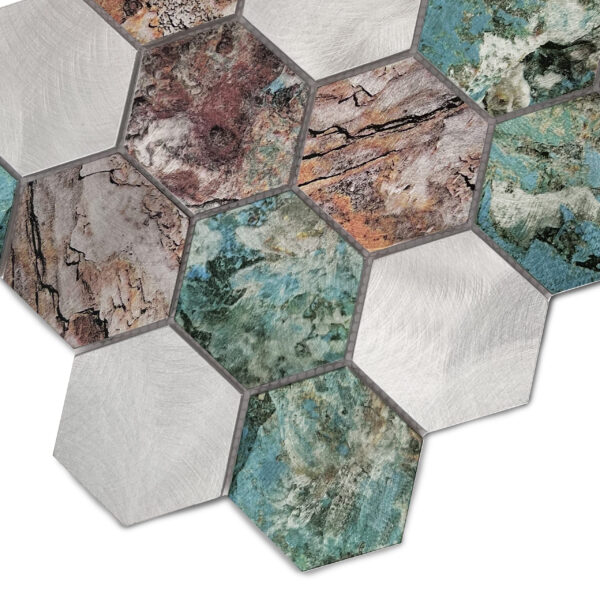 Mozaika strieborno medeno tyrkysová keramická kovová matná 30x26cm ALLUMI HEXAGON PATINA 73 - Image 4